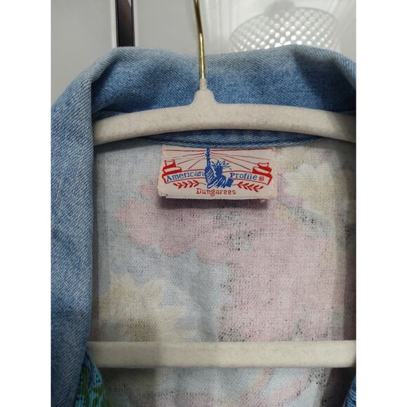 Vintage 80s 90s American Dungaree chambray denim jacket floral tapestry womens L - Picture 8 of 10